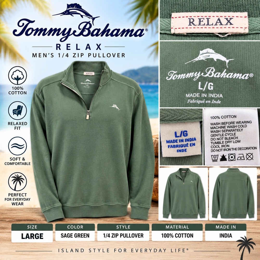 Tommy Bahama Relax Mens L Sage Green 1/4 Zip Pullover Cotton Ribbed Sweater